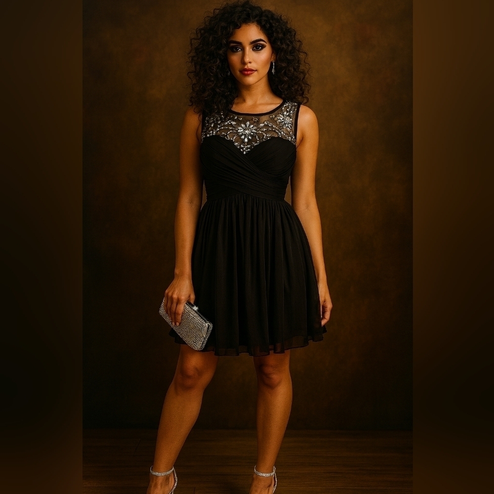 Elegant Black Sleeveless Dress,  Rhinestone Detail. Gathered Bodice. Size 8.